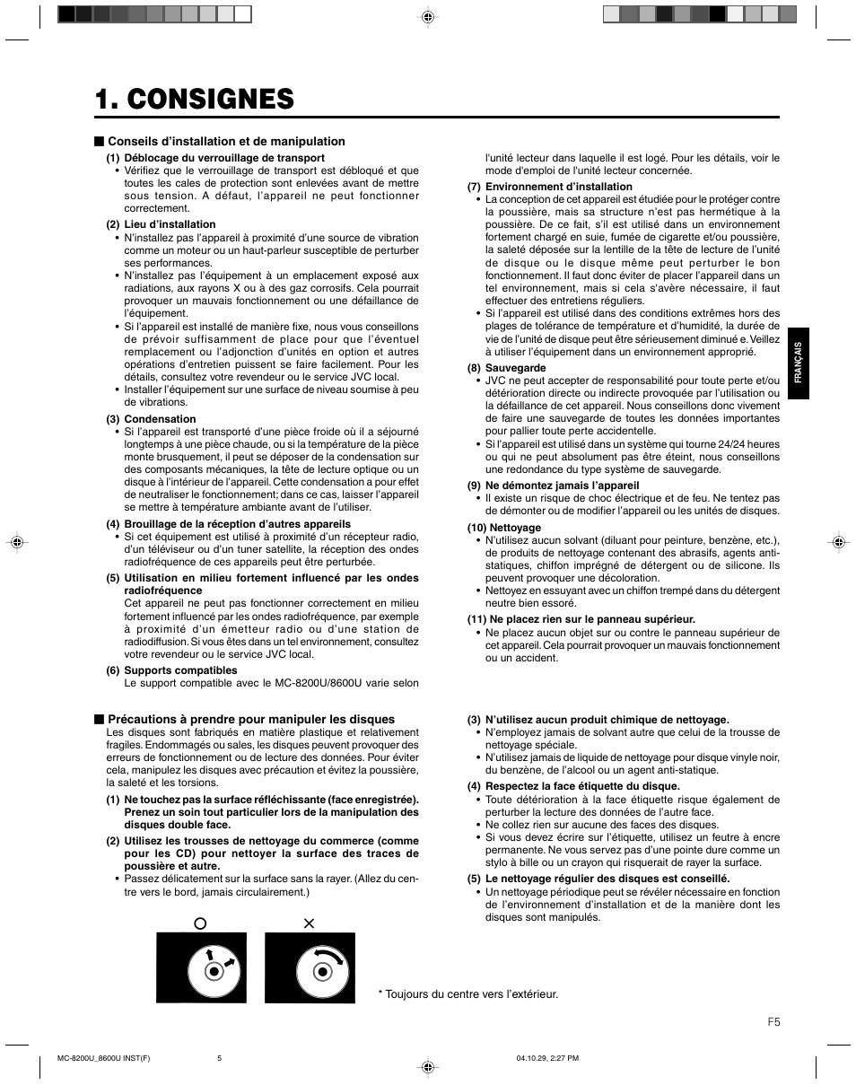 Consignes, Conseils d’installation et de manipulation, Precautions a prendre pour manipuler les disques | JVC CD/DVD Library MC-8200LU User Manual | Page 74 / 138