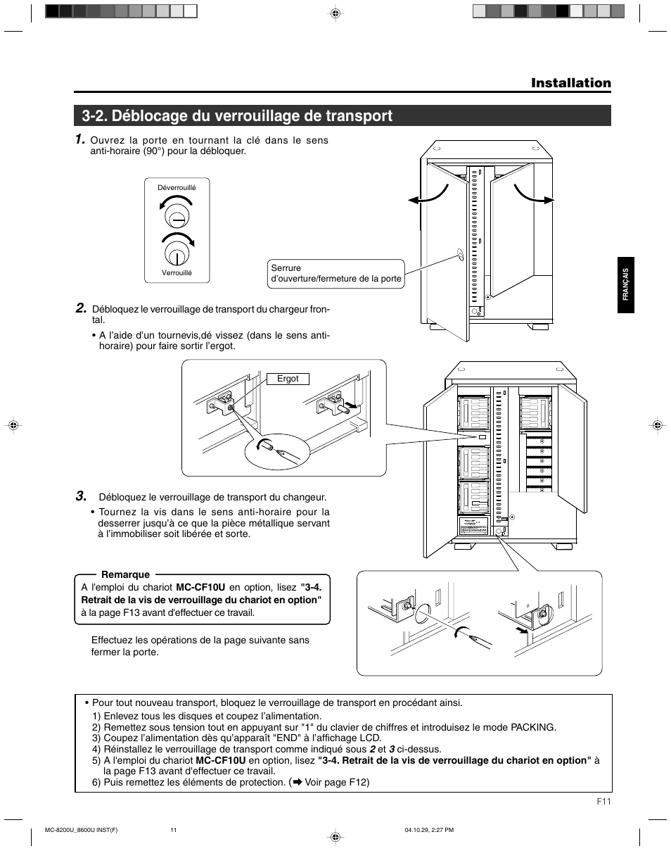 2. deblocage du verrouillage de transport, 2. déblocage du verrouillage de transport, Installation | JVC CD/DVD Library MC-8200LU User Manual | Page 80 / 138