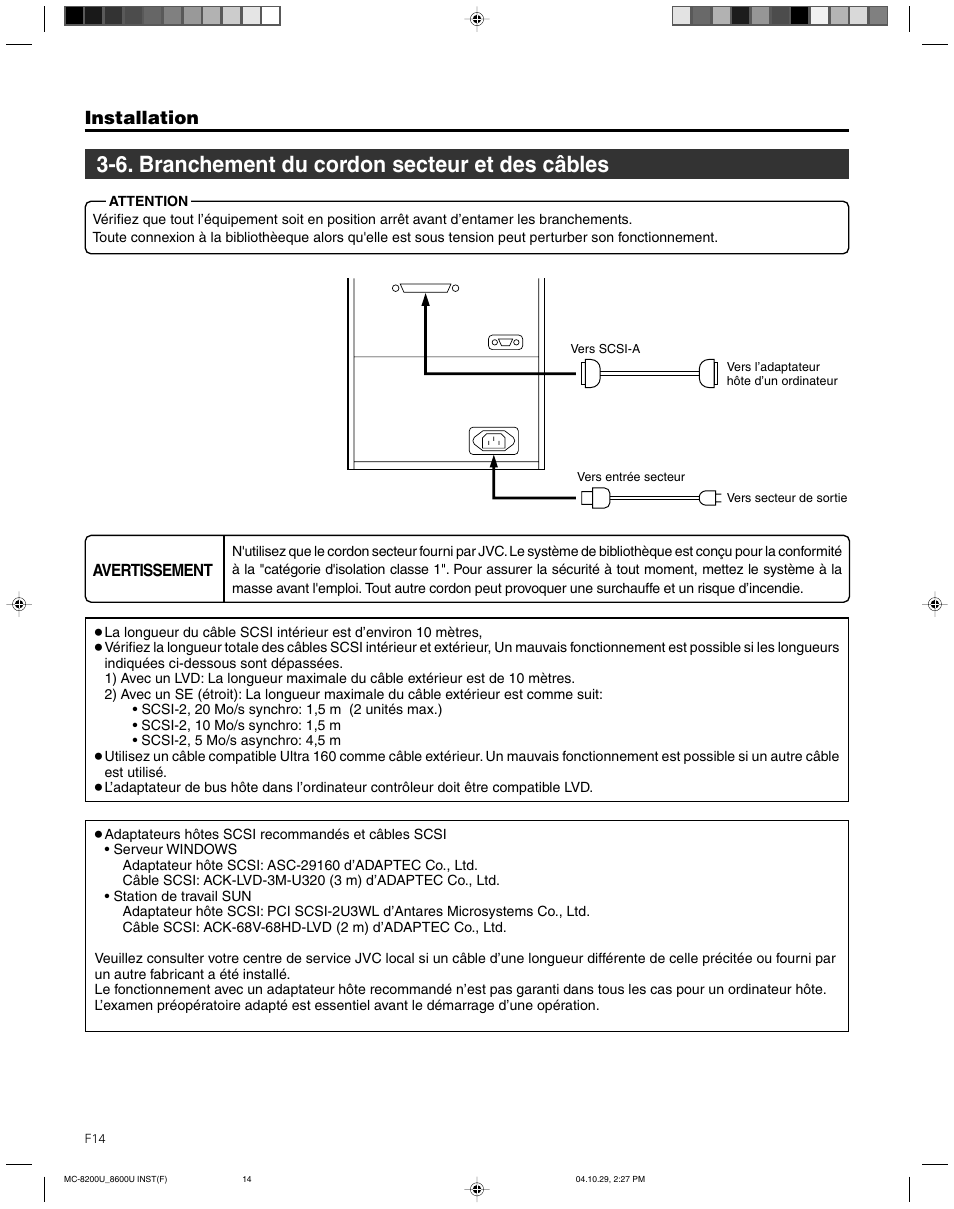 6. branchement du cordon secteur et des cables, 6. branchement du cordon secteur et des câbles, Installation | JVC CD/DVD Library MC-8200LU User Manual | Page 83 / 138