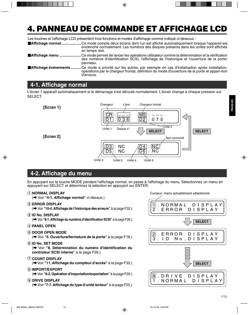 Panneau de commande et affichage lcd, 1. affichage normal, 2. affichage du menu | JVC CD/DVD Library MC-8200LU User Manual | Page 84 / 138