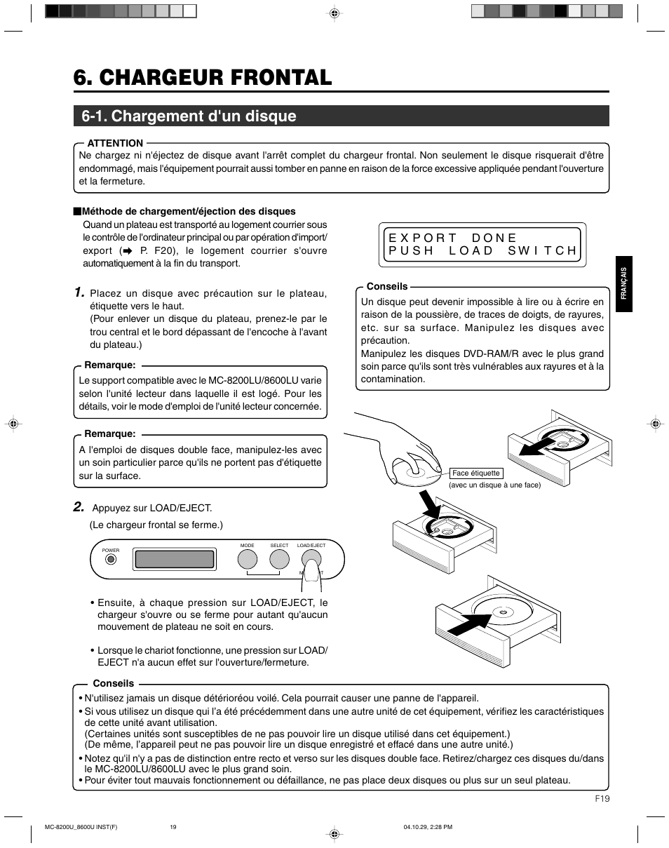 Chargeur frontal, 1. chargement d'un disque | JVC CD/DVD Library MC-8200LU User Manual | Page 88 / 138