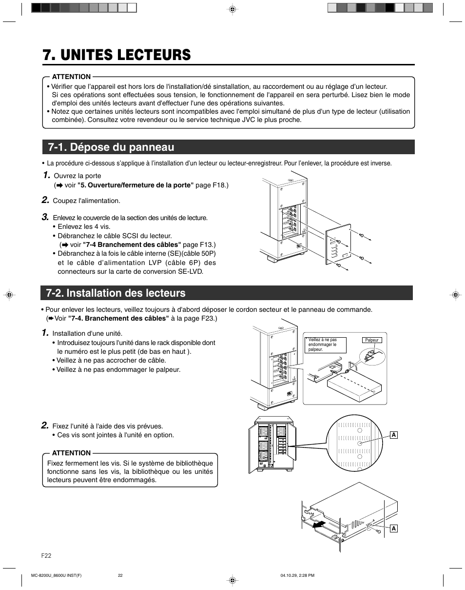 Unites lecteurs, 1. depose du panneau, 2. installation des lecteurs | 1. dépose du panneau | JVC CD/DVD Library MC-8200LU User Manual | Page 91 / 138