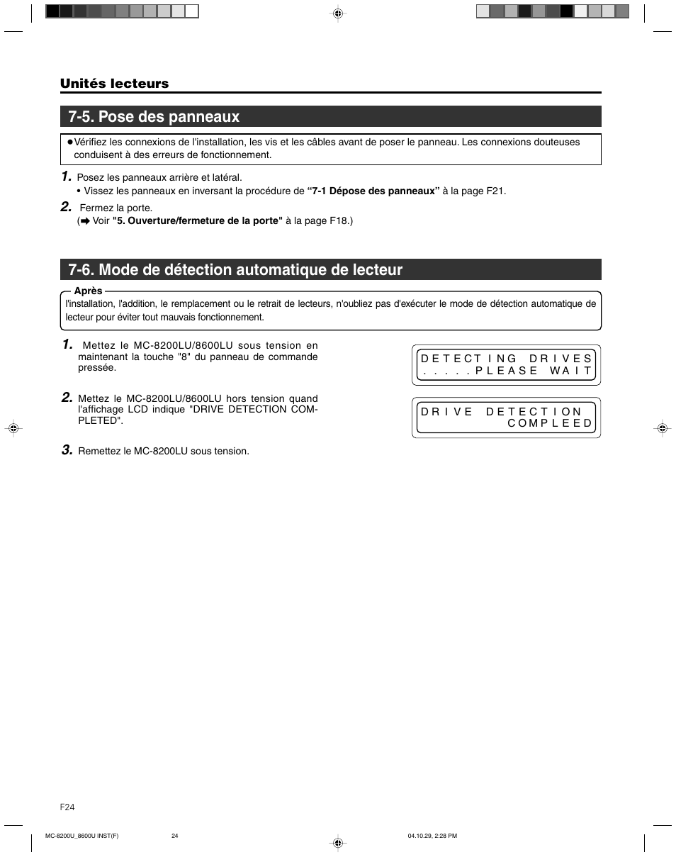 5. pose des panneaux, 6. mode de detection automatique de lecteur | JVC CD/DVD Library MC-8200LU User Manual | Page 93 / 138