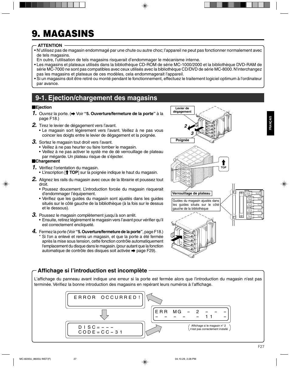 Magasins, 1. ejection/chargement des magasins, Affichage si l’introduction est incomplète | JVC CD/DVD Library MC-8200LU User Manual | Page 96 / 138