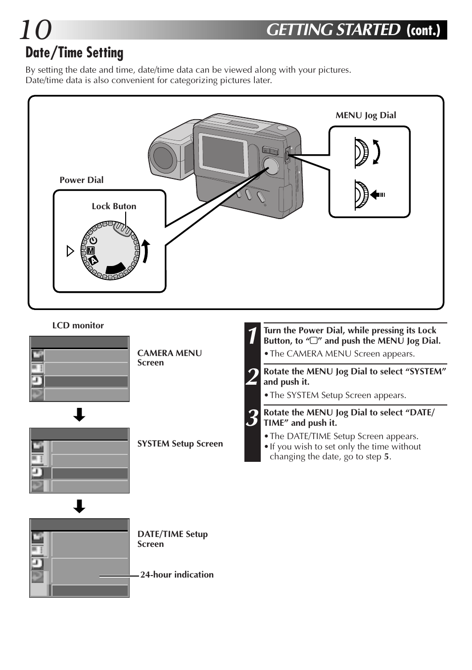 Getting started, Cont.) date/time setting | JVC CompactFlash LYT0143-001A User Manual | Page 10 / 68