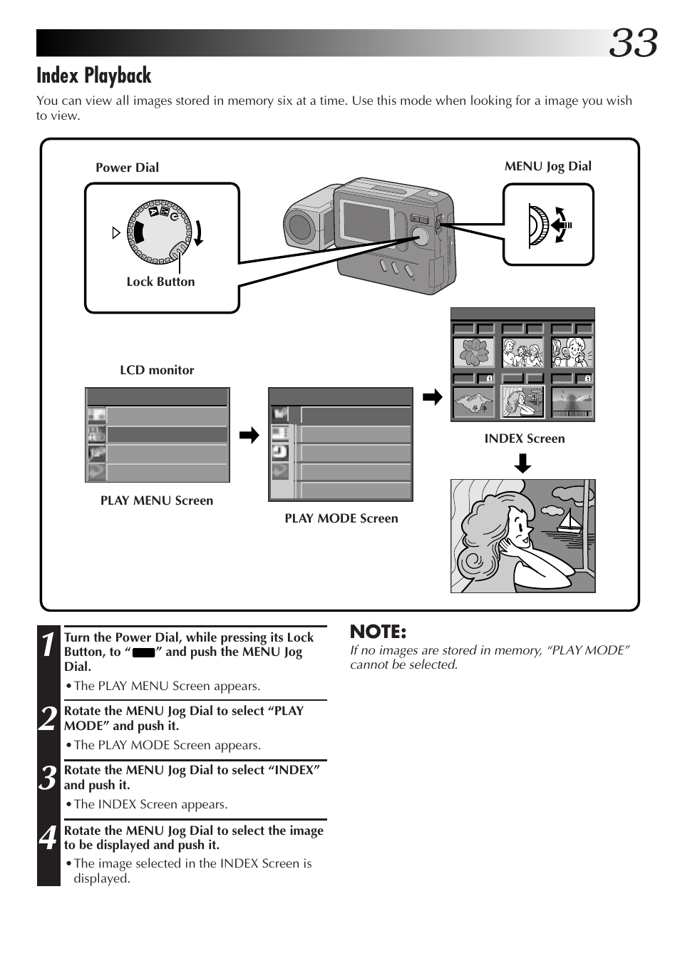 Index playback, I ndex play mode effect mult i ex i t frame, Play menu play mode f i le comm . mode ex i t | JVC CompactFlash LYT0143-001A User Manual | Page 33 / 68