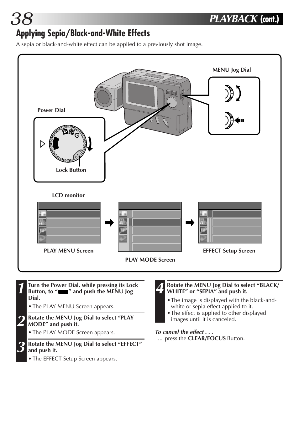 Playback, Cont.) applying sepia/black-and-white effects | JVC CompactFlash LYT0143-001A User Manual | Page 38 / 68