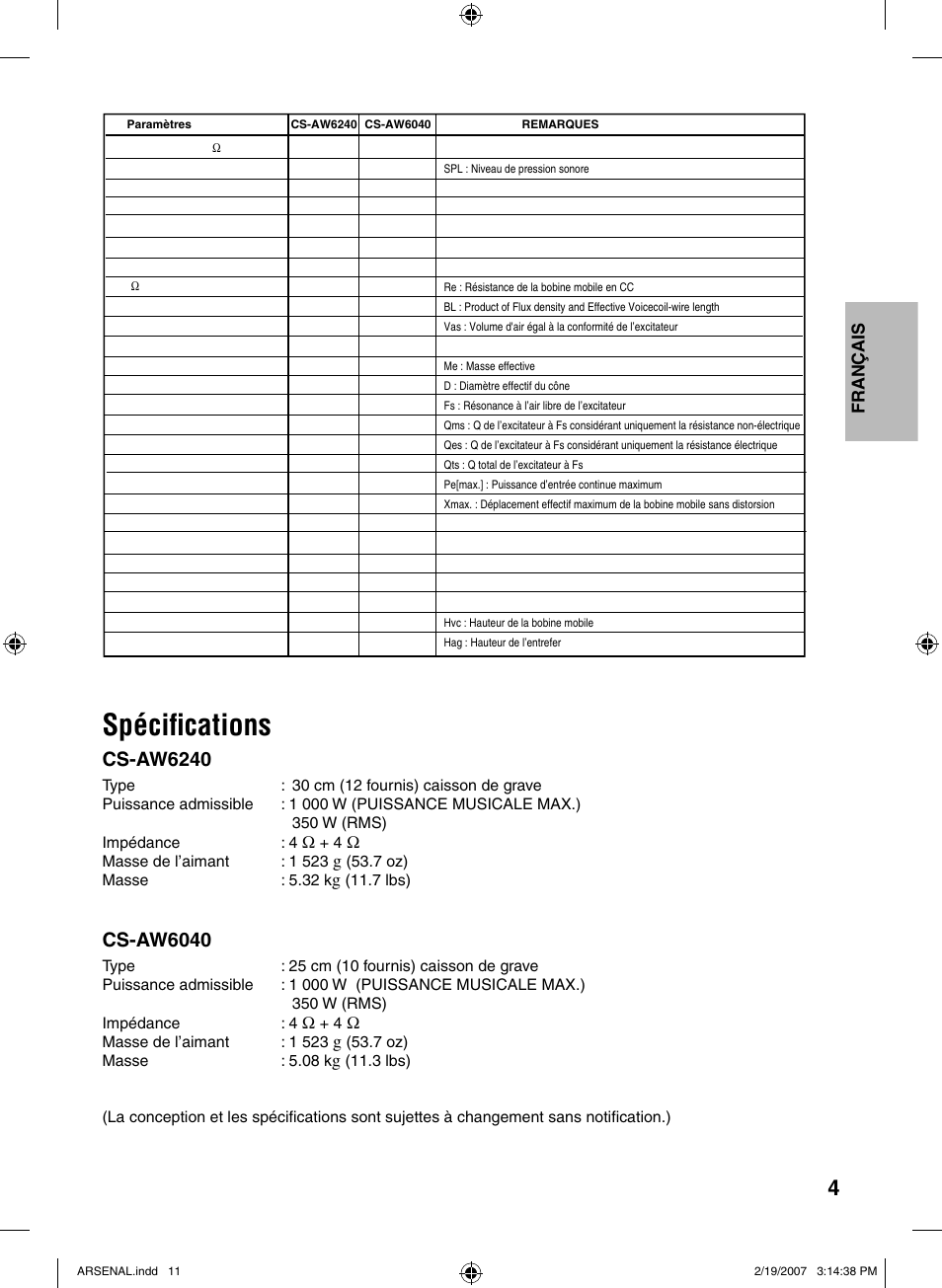 Spécifications, Spéciﬁcations, Cs-aw6240 | Cs-aw6040, Français | JVC CS-AW6240 User Manual | Page 11 / 20