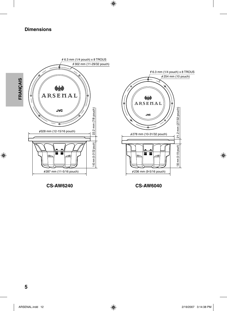Dimensions | JVC CS-AW6240 User Manual | Page 12 / 20