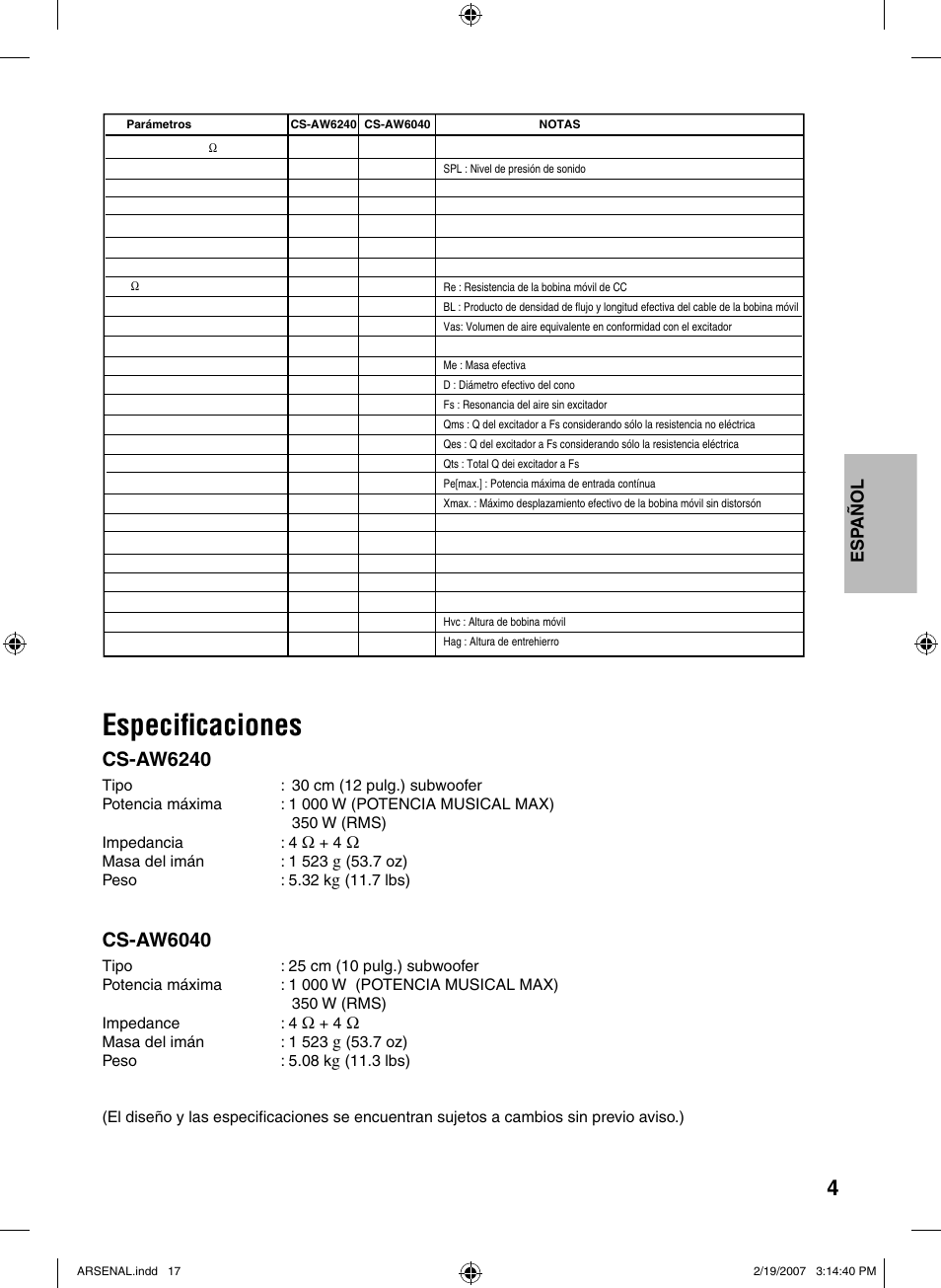 Especificaciones, Especiﬁcaciones, Cs-aw6240 | Cs-aw6040, Esp añol | JVC CS-AW6240 User Manual | Page 17 / 20