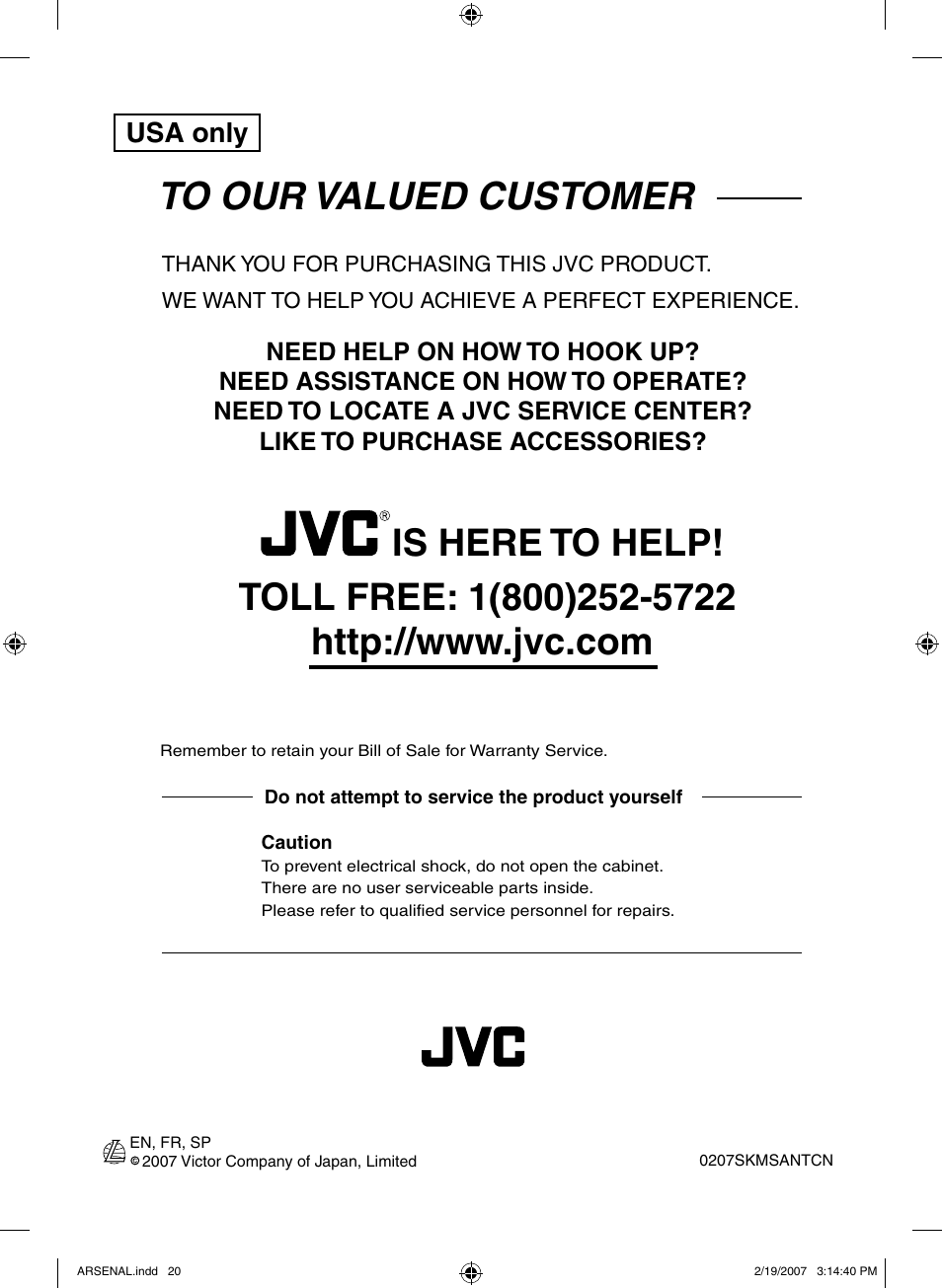 To our valued customer(usa only), Is here to help, Usa only | JVC CS-AW6240 User Manual | Page 20 / 20