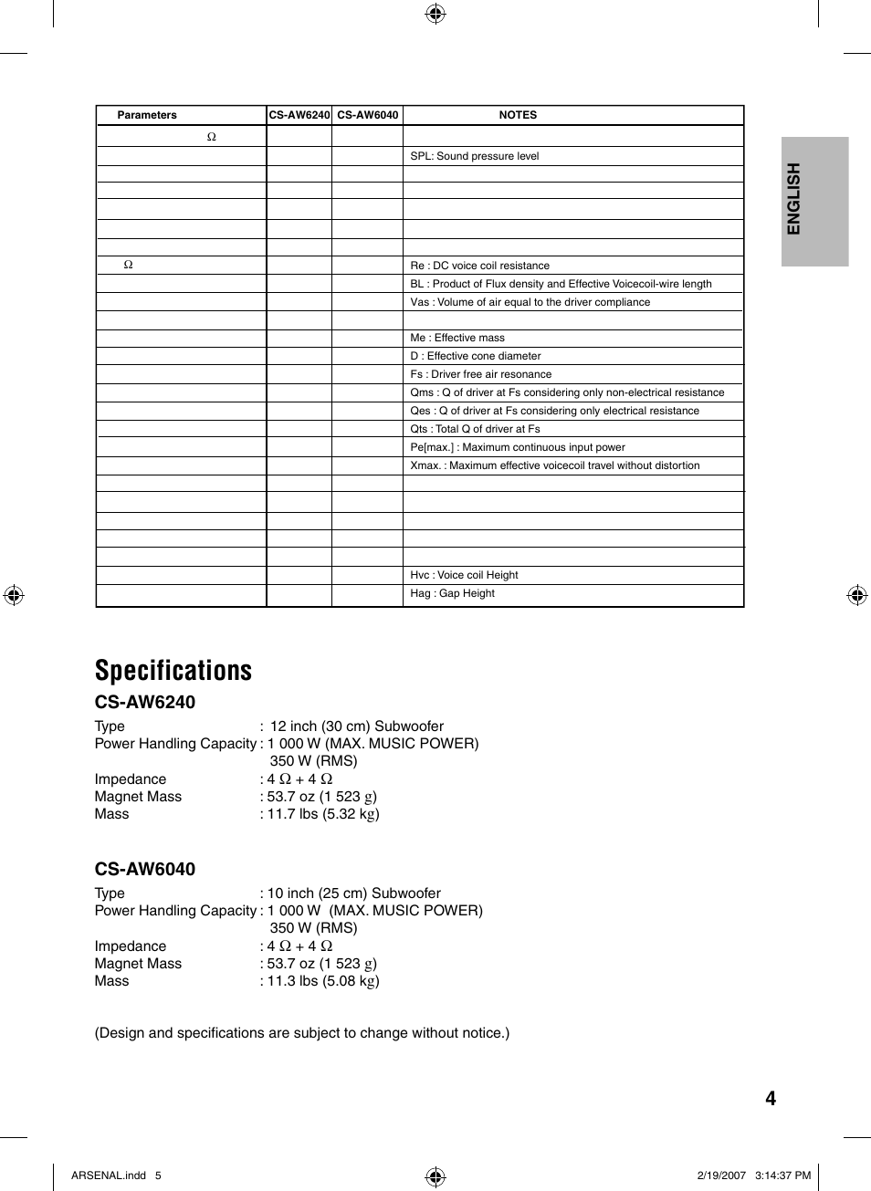 Specifications, Cs-aw6240, Cs-aw6040 | English | JVC CS-AW6240 User Manual | Page 5 / 20