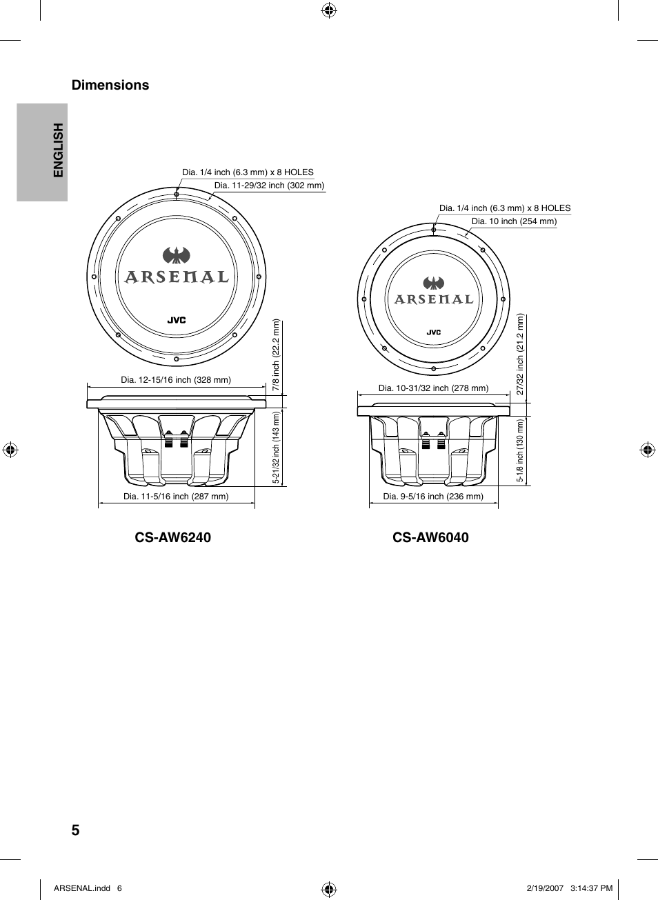 Dimensions | JVC CS-AW6240 User Manual | Page 6 / 20