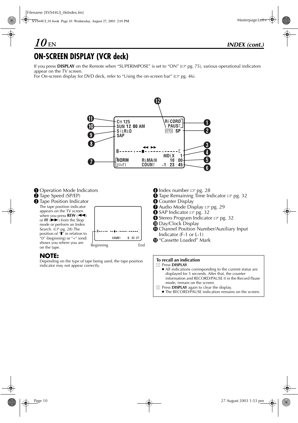 On-screen display (vcr deck), Index (cont.) | JVC HR-XVS44UJ User Manual | Page 10 / 92