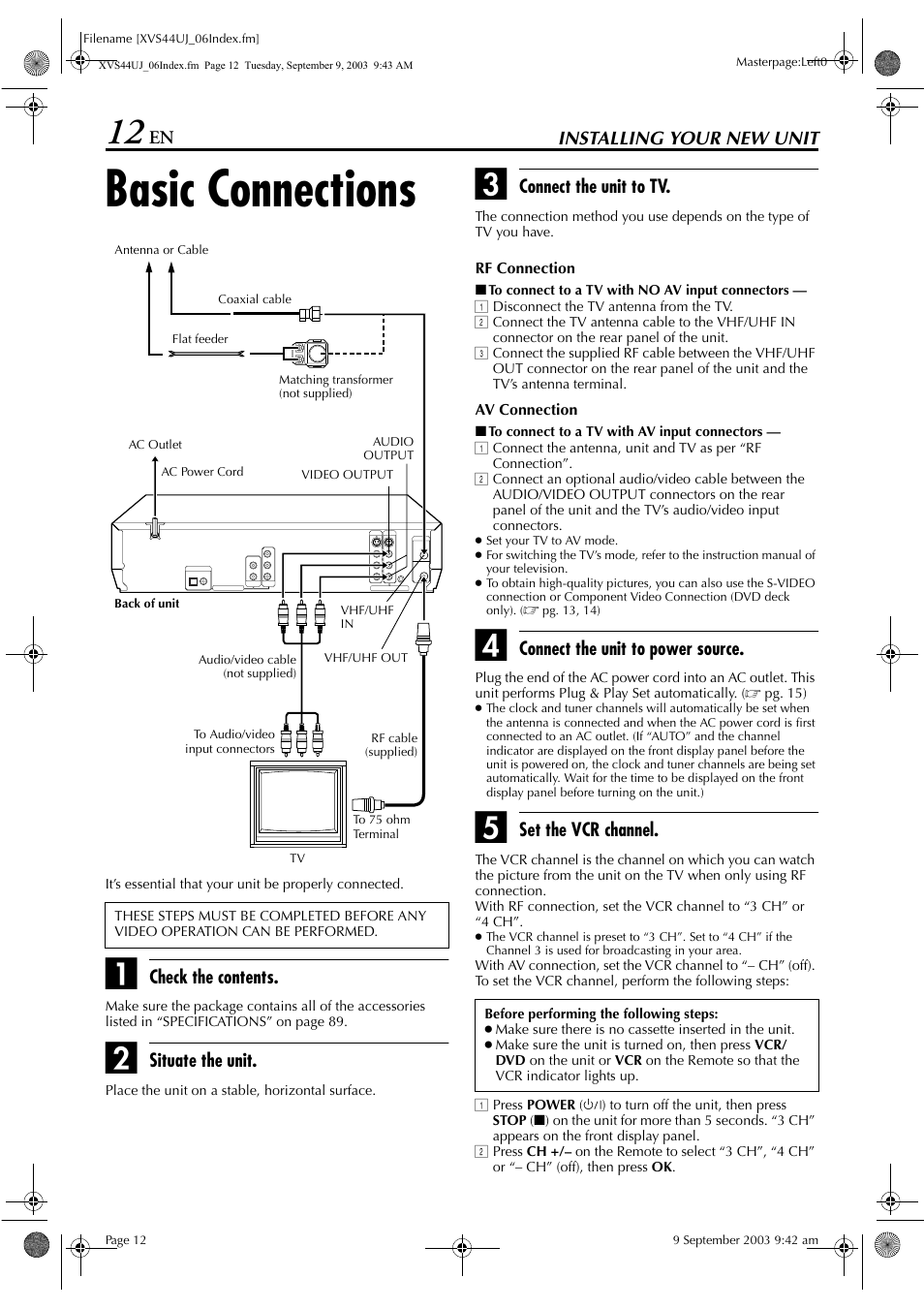 Installing your new unit, Basic connections, Pg. 12 | JVC HR-XVS44UJ User Manual | Page 12 / 92