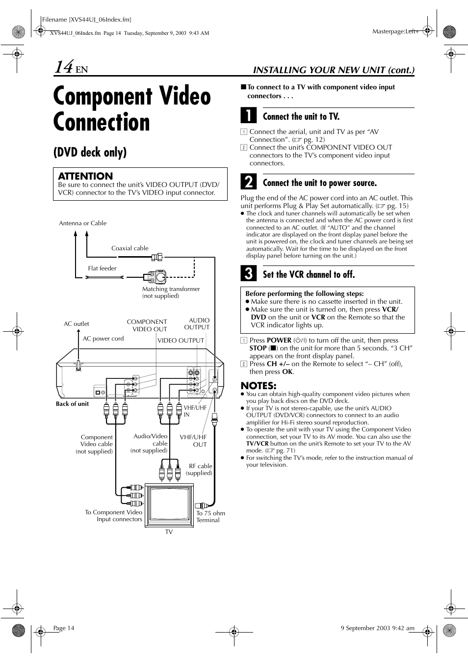 Component video connection (dvd deck only), Component video connection, Dvd deck only) | Pg. 14 | JVC HR-XVS44UJ User Manual | Page 14 / 92