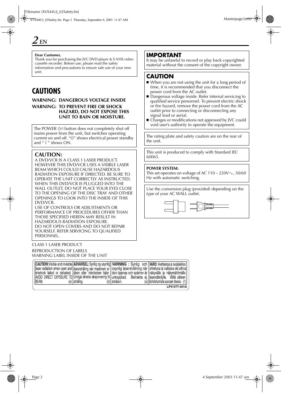 Cautions | JVC HR-XVS44UJ User Manual | Page 2 / 92