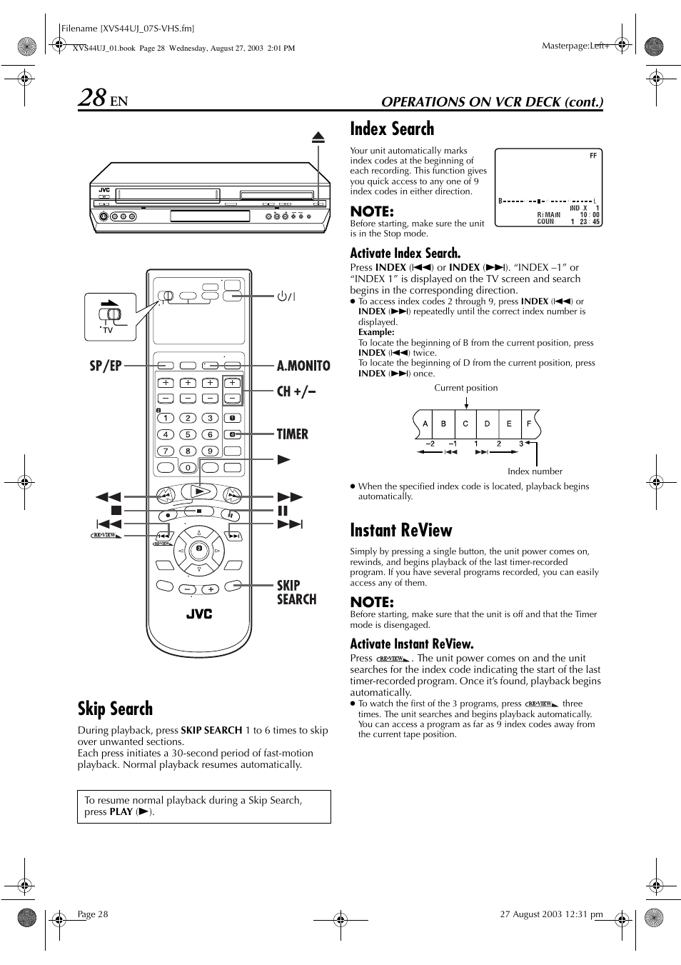 Skip search, Index search, Instant review | Pg. 28) t, Pg. 28 | JVC HR-XVS44UJ User Manual | Page 28 / 92