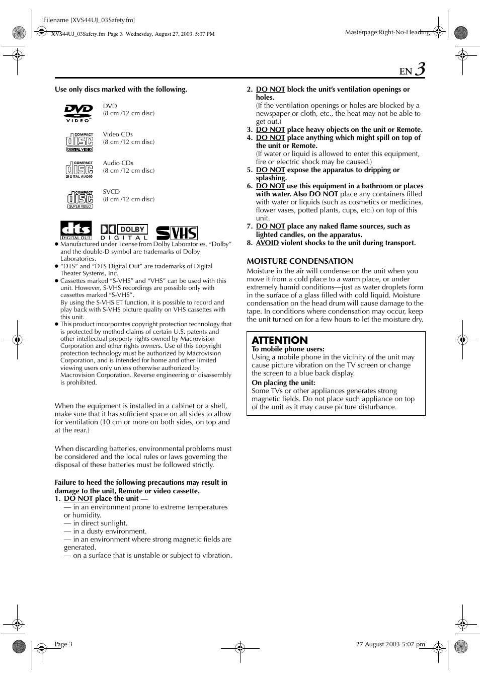 Attention | JVC HR-XVS44UJ User Manual | Page 3 / 92