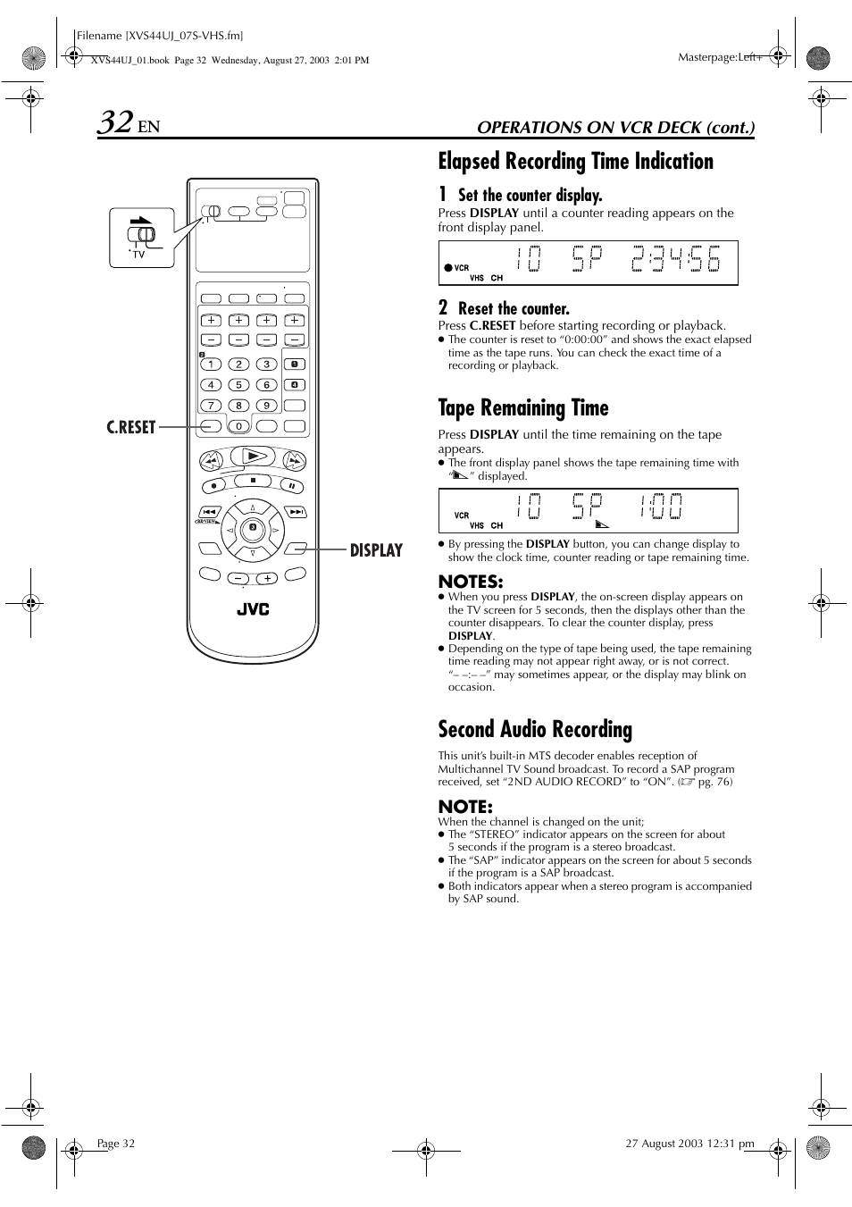 Elapsed recording time indication, Tape remaining time, Second audio recording | Pg. 32, Operations on vcr deck (cont.), Set the counter display, Reset the counter | JVC HR-XVS44UJ User Manual | Page 32 / 92