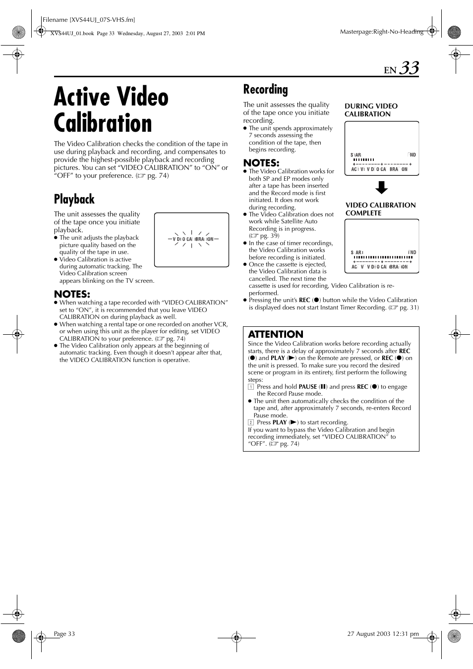 Active video calibration, Playback, Recording | Pg. 33), Attention | JVC HR-XVS44UJ User Manual | Page 33 / 92