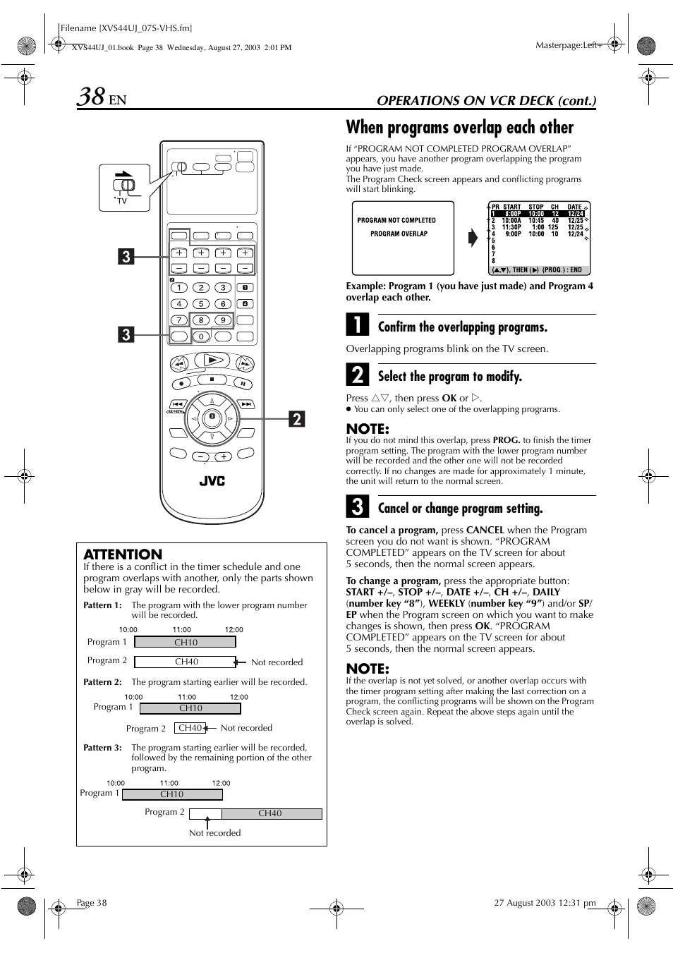 When programs overlap each other | JVC HR-XVS44UJ User Manual | Page 38 / 92