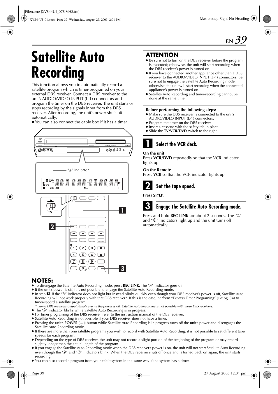 Satellite auto recording, Pg. 39, 67, Pg. 39 | Pg. 39) | JVC HR-XVS44UJ User Manual | Page 39 / 92