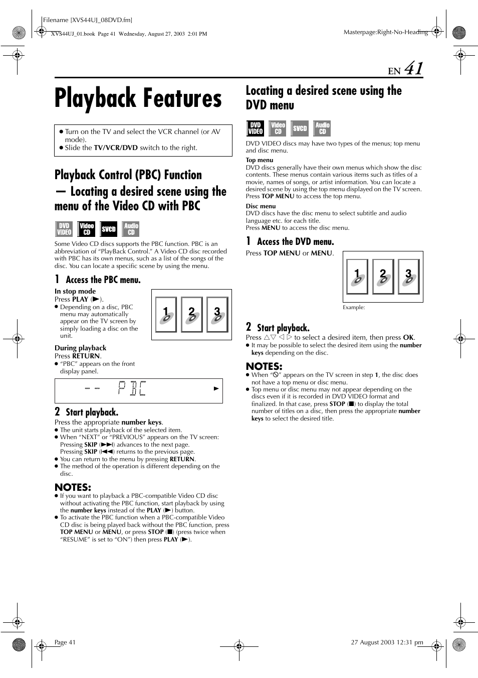 Playback features, Playback control (pbc) function, Locating a desired scene using the dvd menu | Pg. 41, Pg. 41) or “locating a desired, Scene using the dvd menu, Pg. 41), Access the pbc menu, Start playback, Access the dvd menu | JVC HR-XVS44UJ User Manual | Page 41 / 92