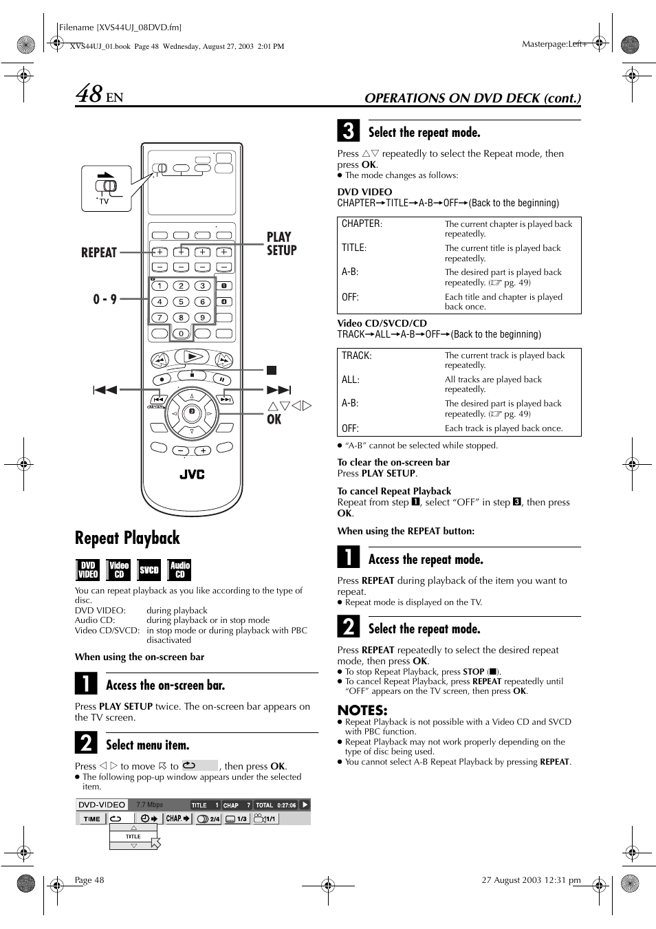 Repeat playback, Pg. 48, 6, Pg. 48) | JVC HR-XVS44UJ User Manual | Page 48 / 92