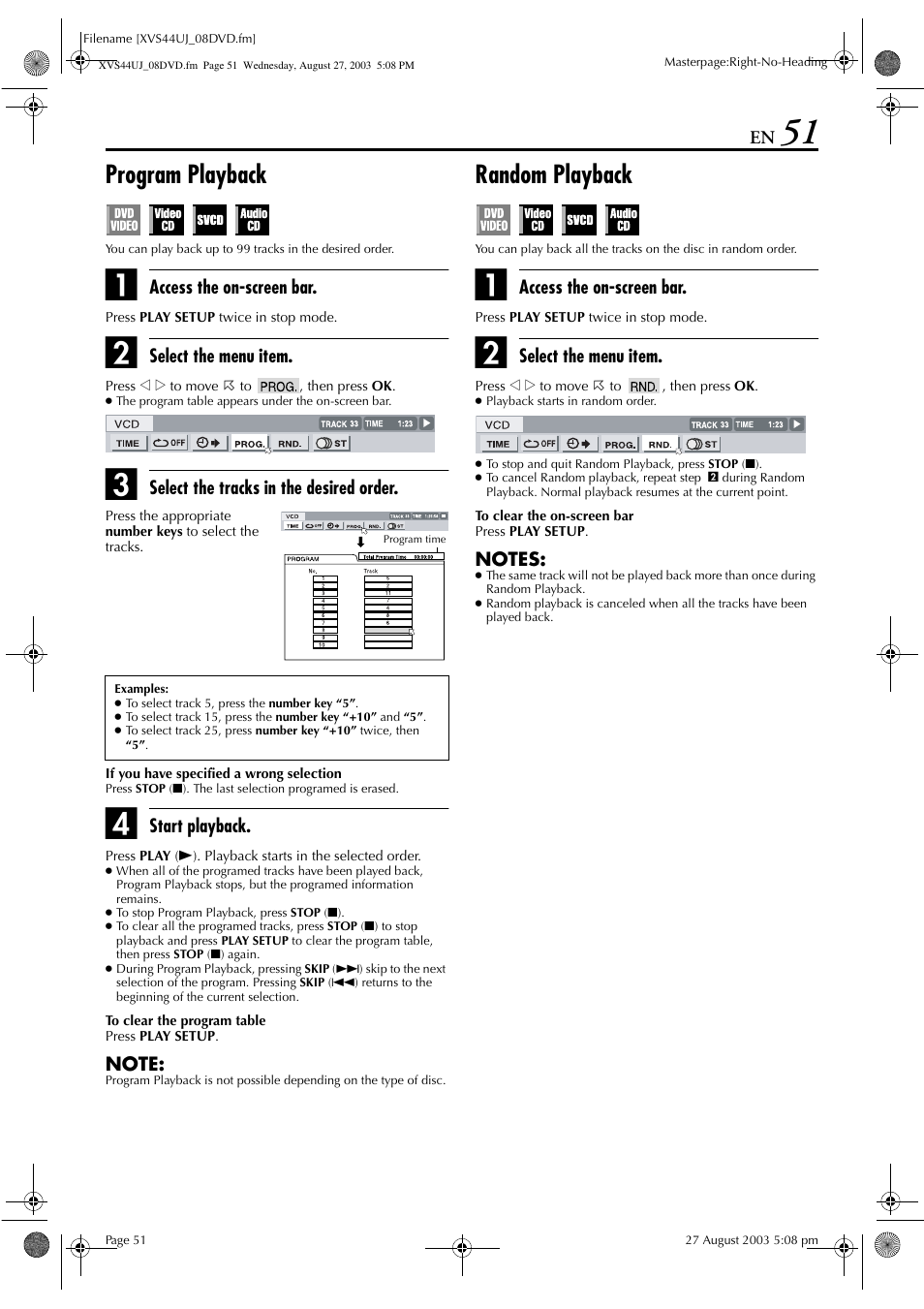 Program playback, Random playback, Pg. 51) | JVC HR-XVS44UJ User Manual | Page 51 / 92