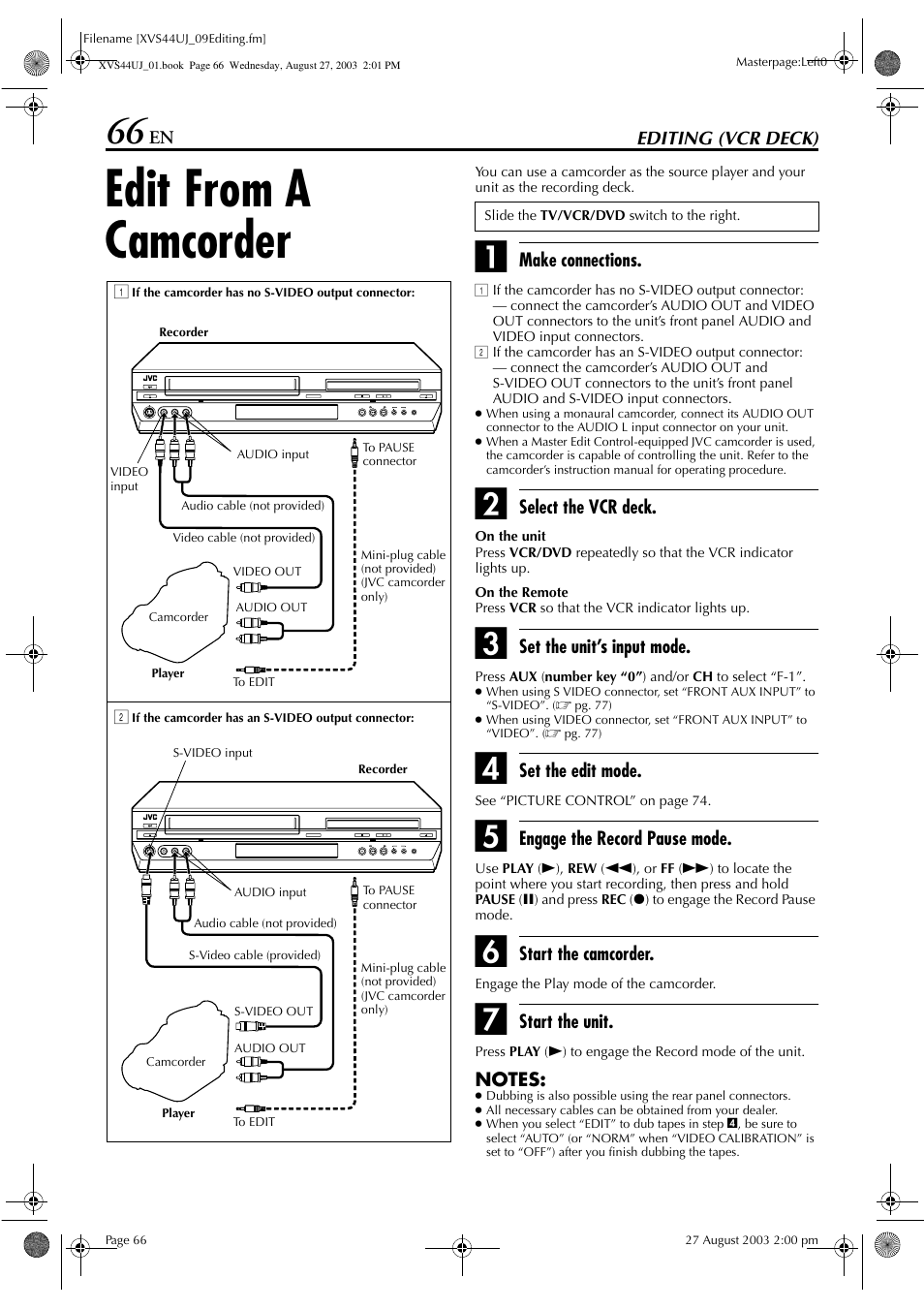 Editing (vcr deck), Edit from a camcorder, Pg. 66 | JVC HR-XVS44UJ User Manual | Page 66 / 92