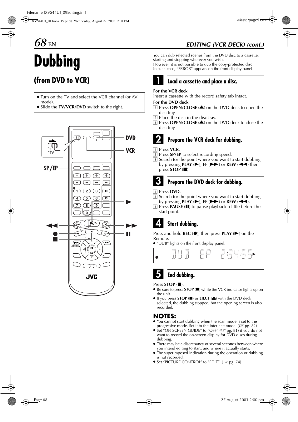 Dubbing (from dvd to vcr), Dubbing | JVC HR-XVS44UJ User Manual | Page 68 / 92