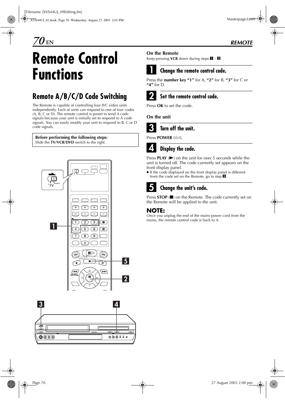 Remote, Remote control functions, Remote a/b/c/d code switching | Remote 70 | JVC HR-XVS44UJ User Manual | Page 70 / 92