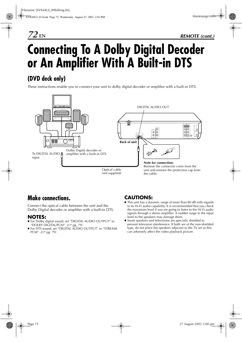 Make connections, Connecting to a dolby digital decoder or, An amplifier with a built-in dts (dvd deck only) | Dvd deck only) | JVC HR-XVS44UJ User Manual | Page 72 / 92