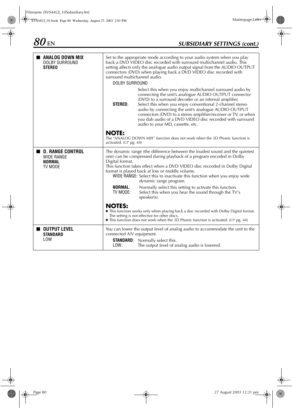 Pg. 80), Subsidiary settings (cont.) | JVC HR-XVS44UJ User Manual | Page 80 / 92