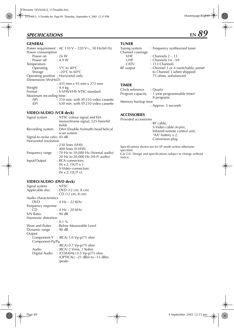 Specifications, Specifications 89, Specifications” on | JVC HR-XVS44UJ User Manual | Page 89 / 92