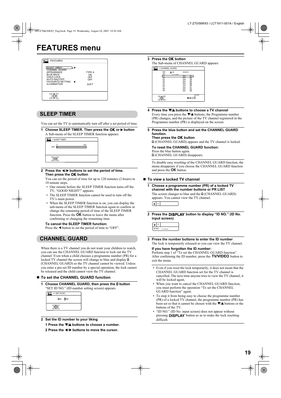 Features menu, Sleep timer, Channel guard | English | JVC HD-Z56RX5 User Manual | Page 20 / 34