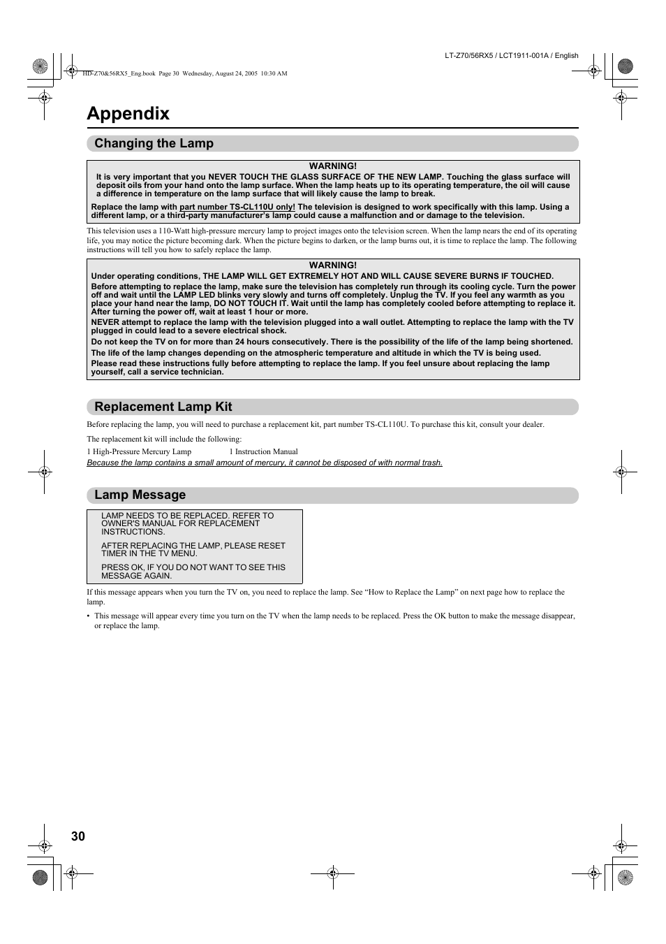 Appendix, Changing the lamp, Replacement lamp kit | Lamp message | JVC HD-Z56RX5 User Manual | Page 31 / 34