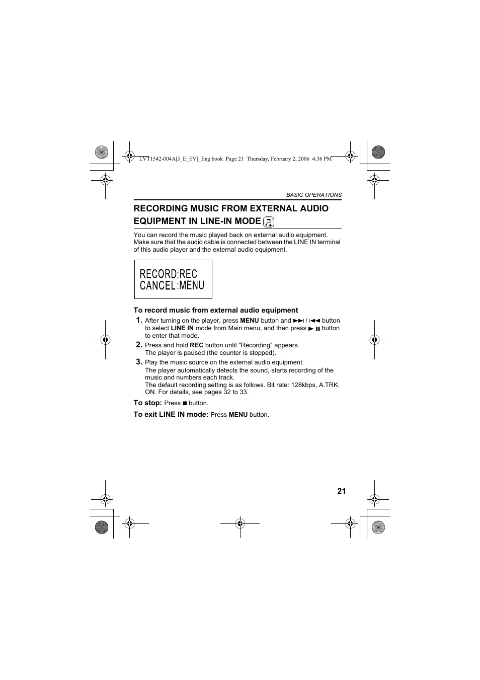 Recording music from external audio equipment in, Line-in mode | JVC XA-F57P User Manual | Page 21 / 44