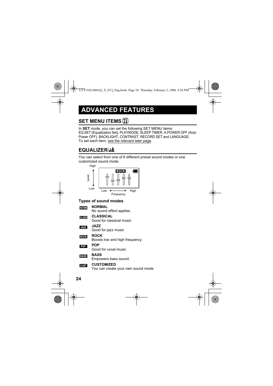 Advanced features, Set menu items, Equalizer | Set menu items equalizer | JVC XA-F57P User Manual | Page 24 / 44