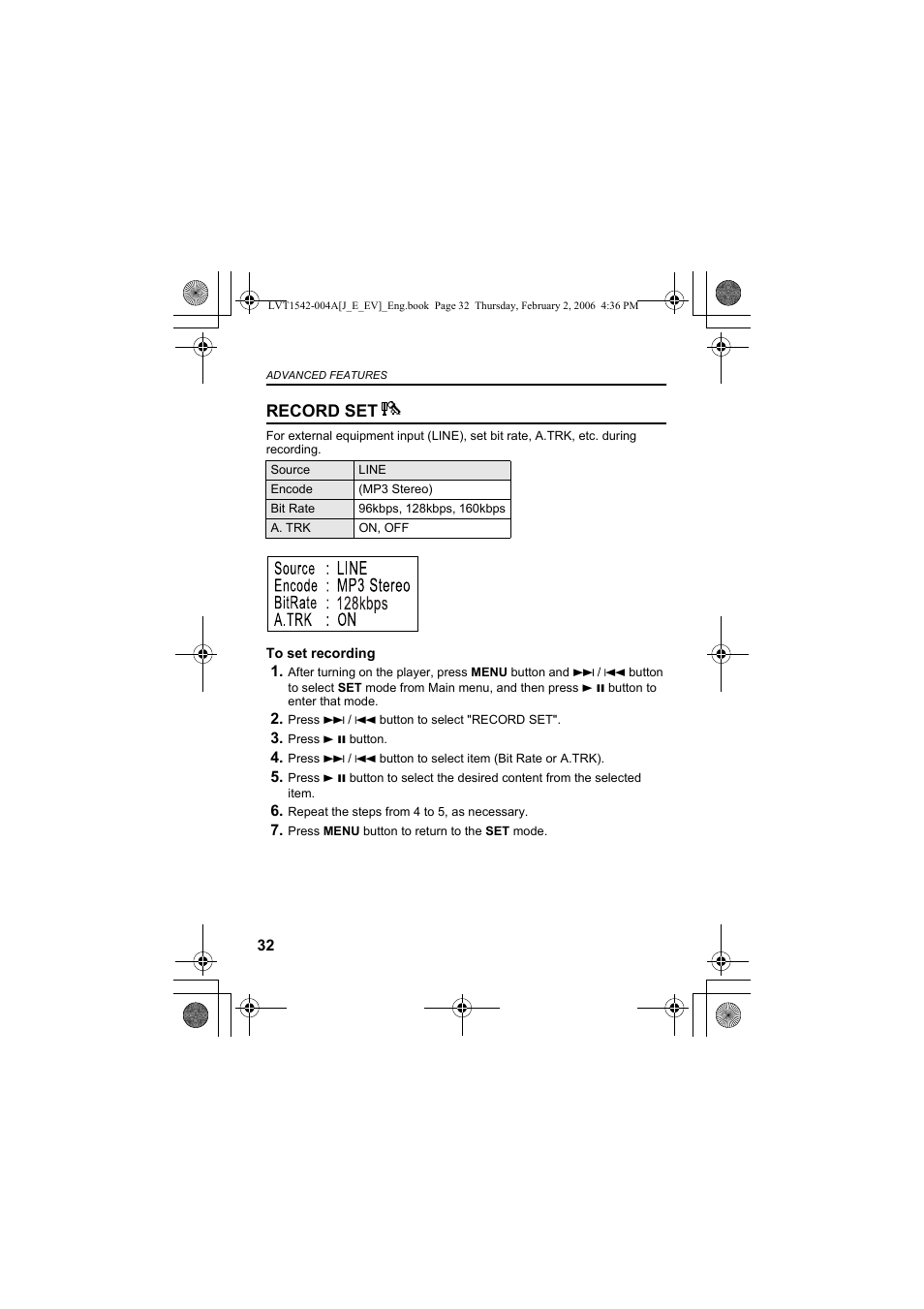 Record set | JVC XA-F57P User Manual | Page 32 / 44
