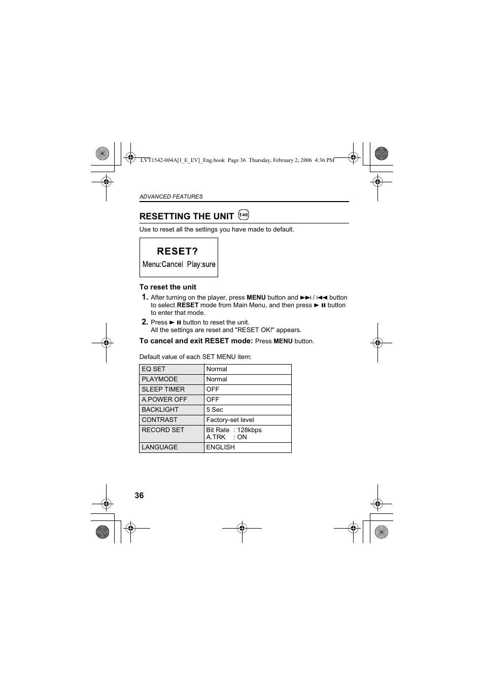 Resetting the unit | JVC XA-F57P User Manual | Page 36 / 44