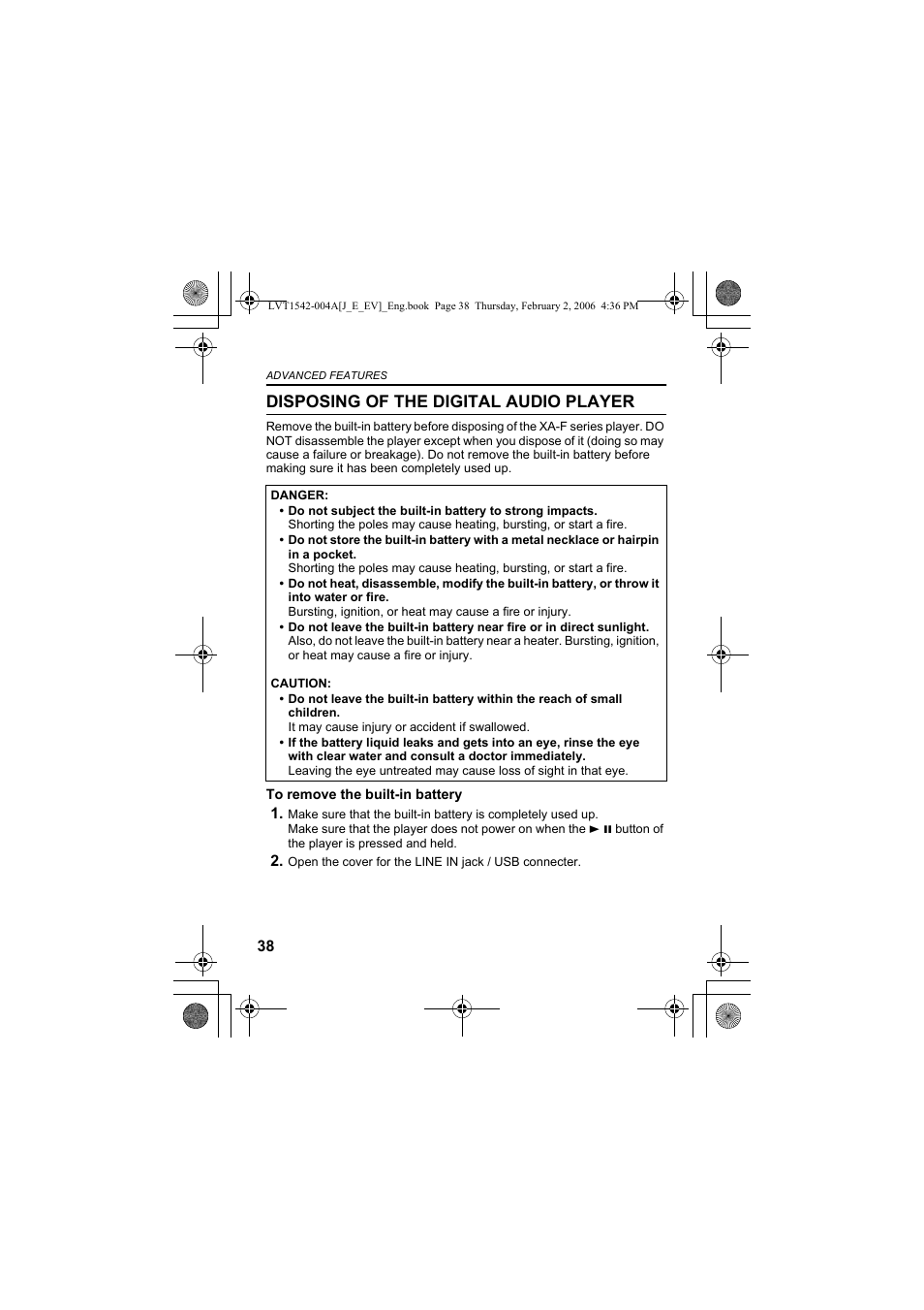 Disposing of the digital audio player | JVC XA-F57P User Manual | Page 38 / 44