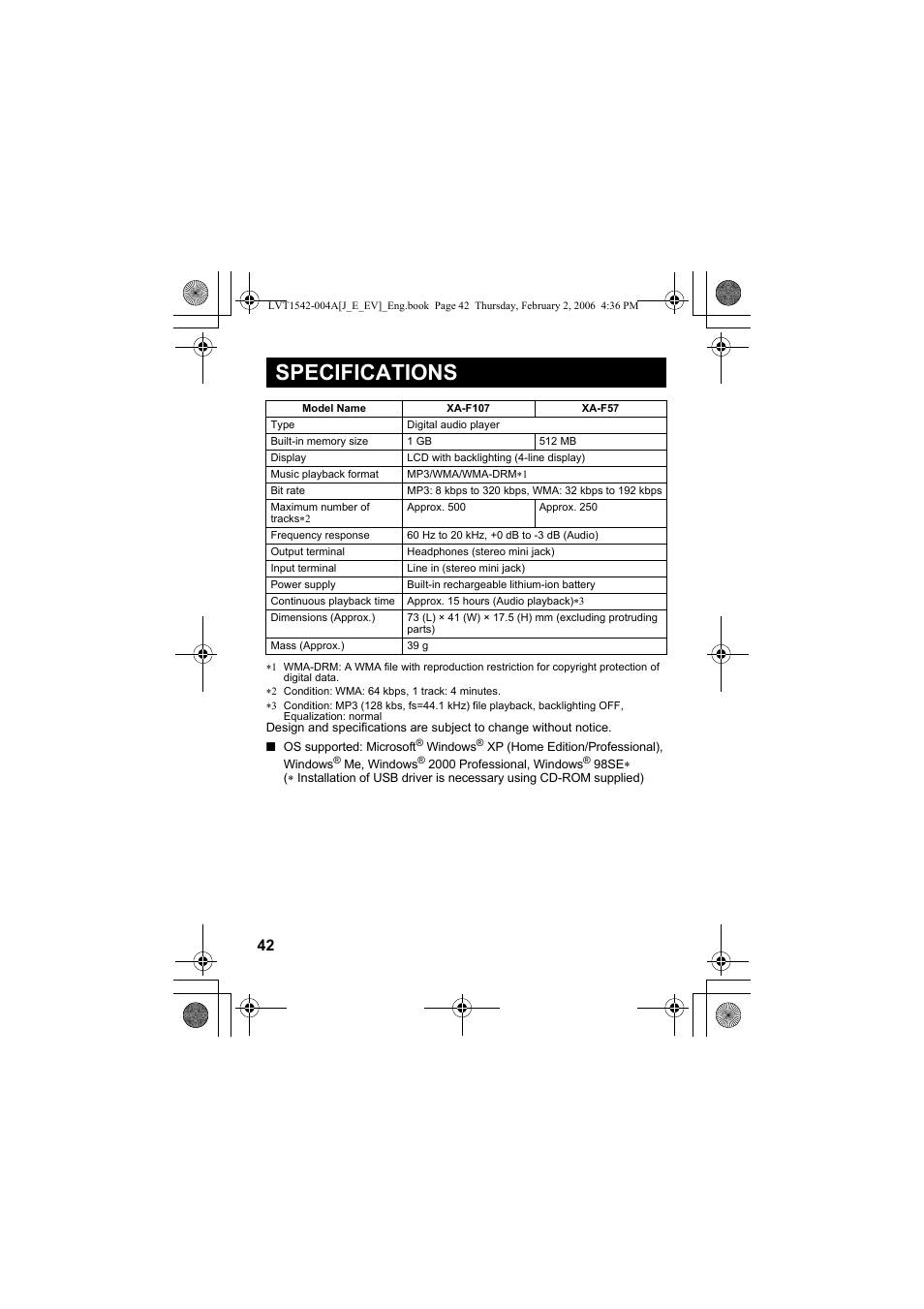 Specifications | JVC XA-F57P User Manual | Page 42 / 44