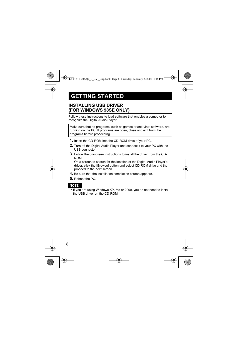 Getting started, Installing usb driver (for windows 98se only) | JVC XA-F57P User Manual | Page 8 / 44
