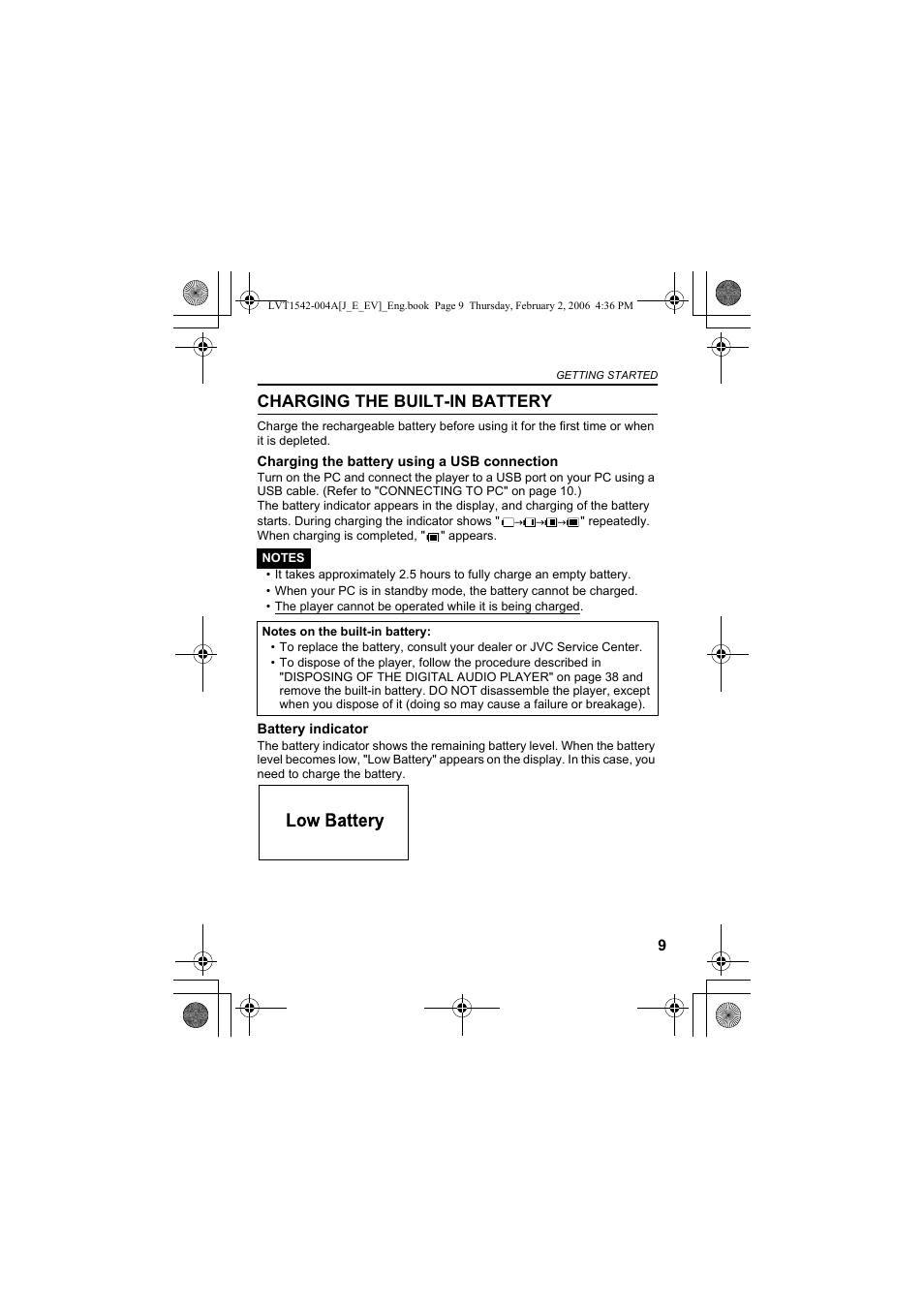 Charging the built-in battery | JVC XA-F57P User Manual | Page 9 / 44