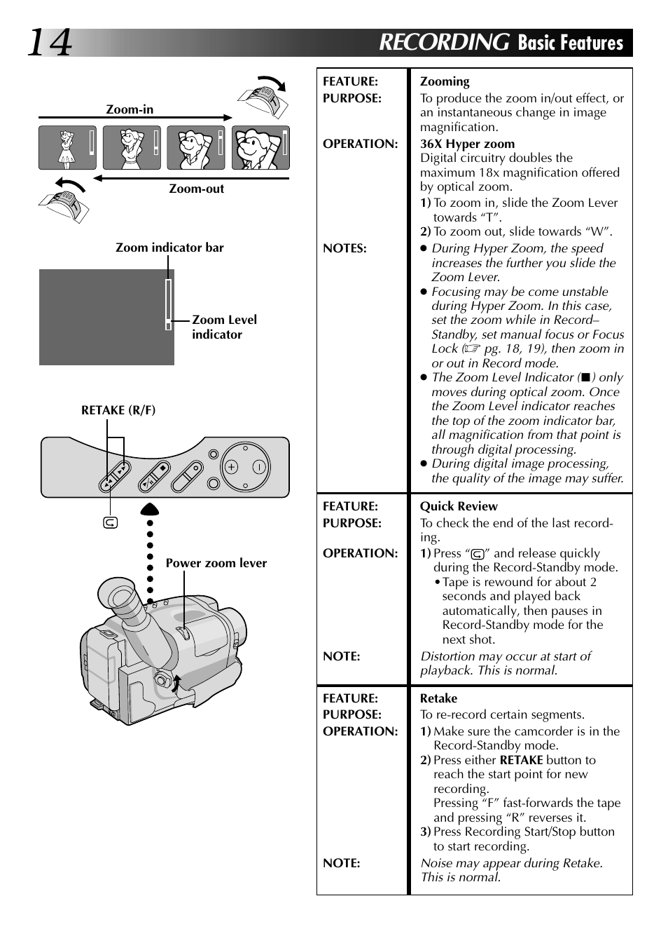 Recording, Basic features | JVC COMPACT VHS LYT0002-0N5A User Manual | Page 14 / 52
