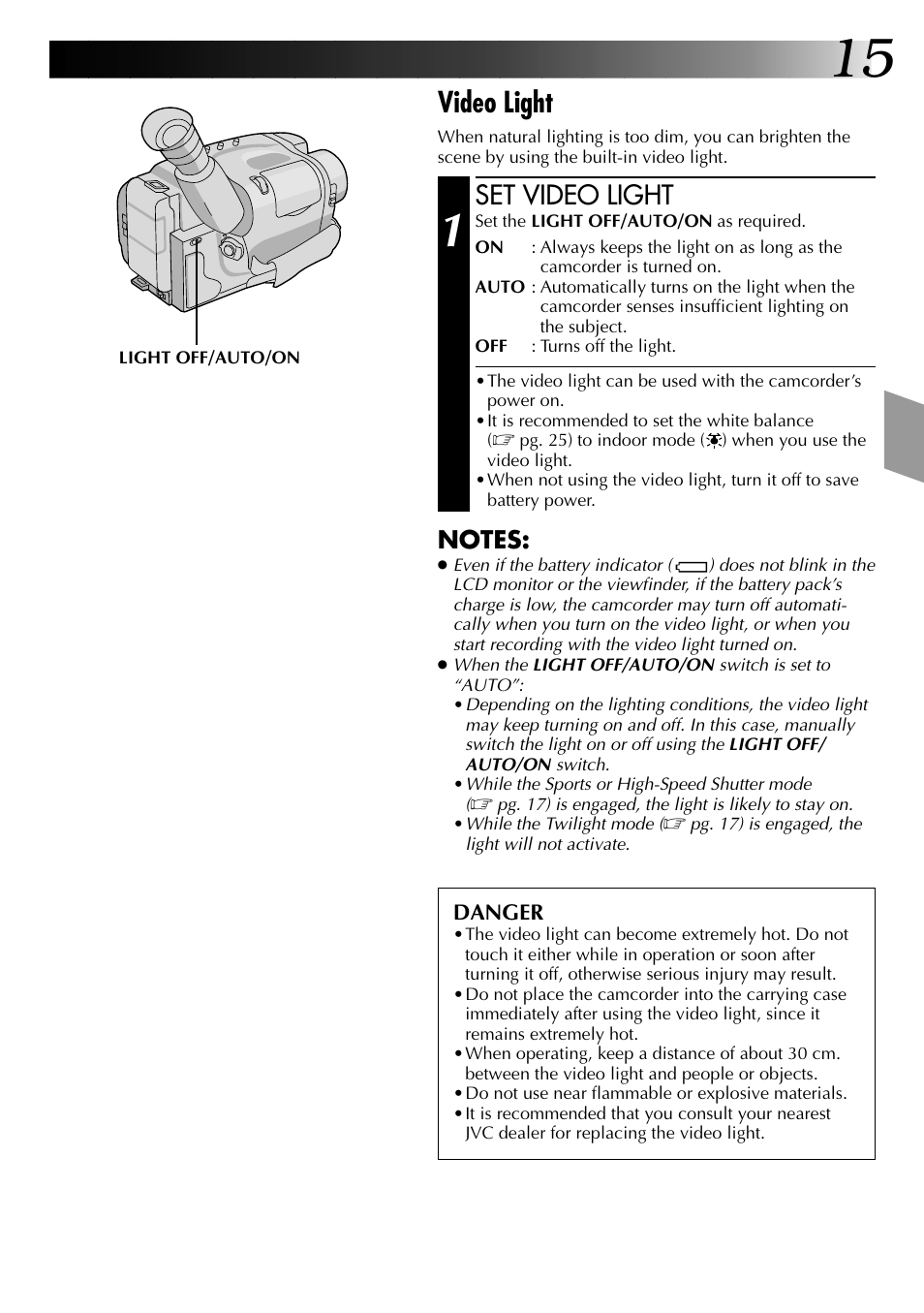 Video light, Set video light | JVC COMPACT VHS LYT0002-0N5A User Manual | Page 15 / 52