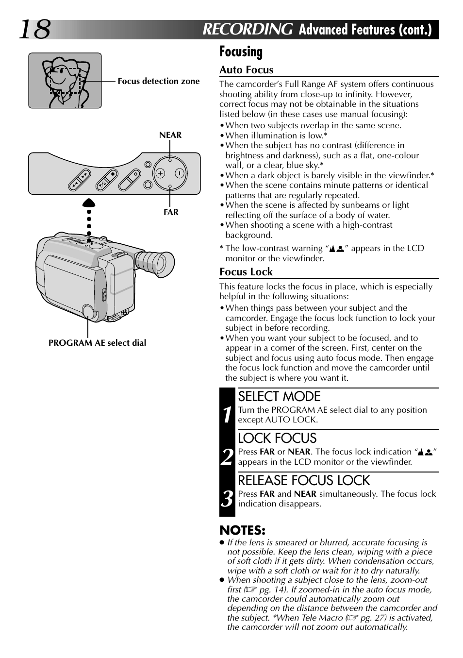 Recording, Advanced features (cont.) focusing, Select mode | Lock focus, Release focus lock | JVC COMPACT VHS LYT0002-0N5A User Manual | Page 18 / 52