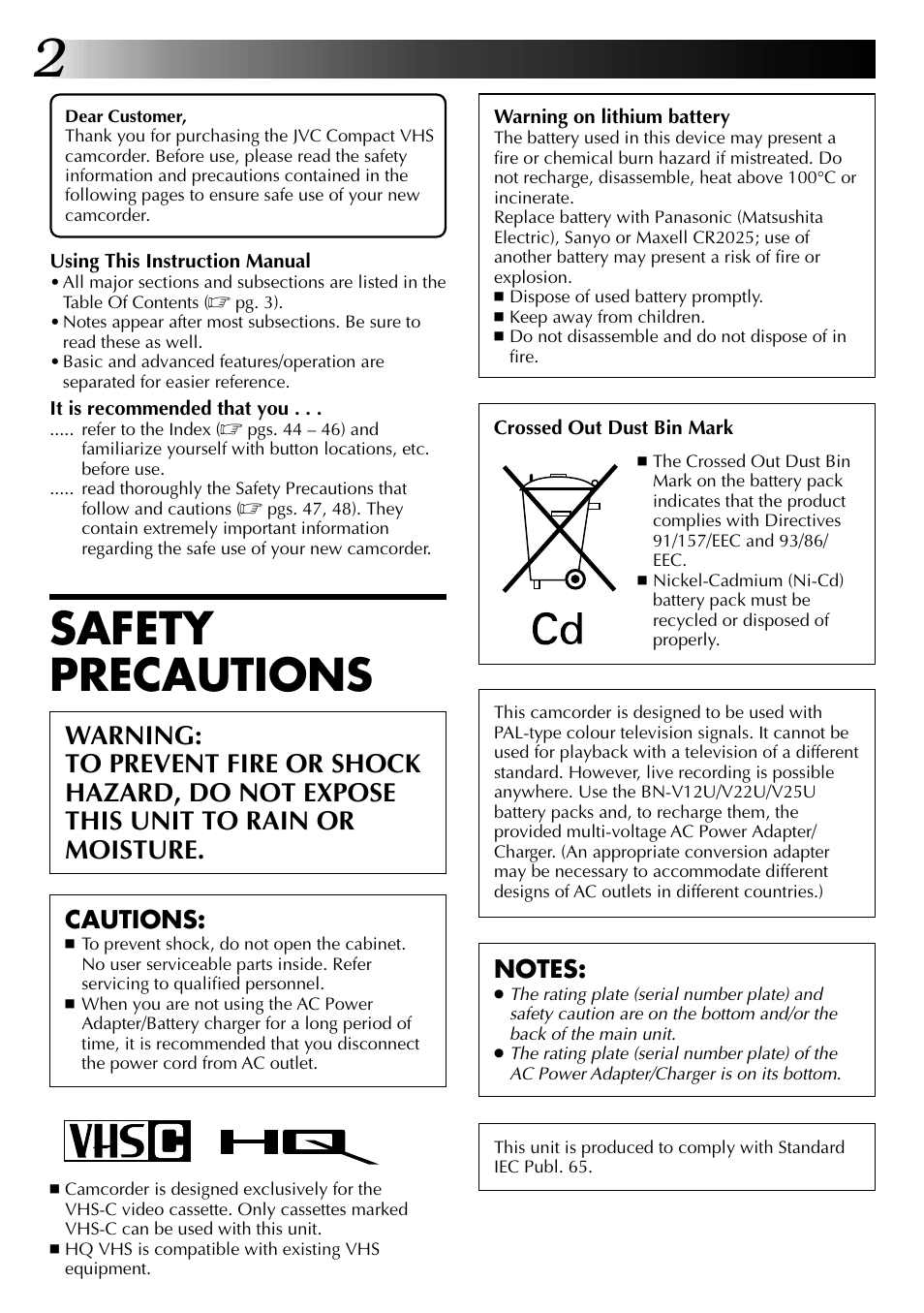 Safety precautions, Cautions | JVC COMPACT VHS LYT0002-0N5A User Manual | Page 2 / 52